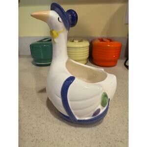 Planter FTDA Ceramic Goose Blue Hat & Yellow Bow Vintage 1986 7 Inches